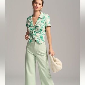Maeve Green Floral Ruched Button Up